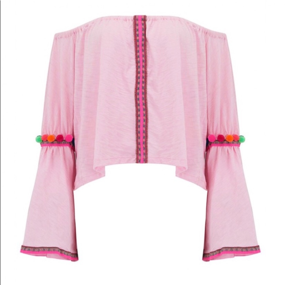 Pitusa off the shoulder pink Pom Pom crop top